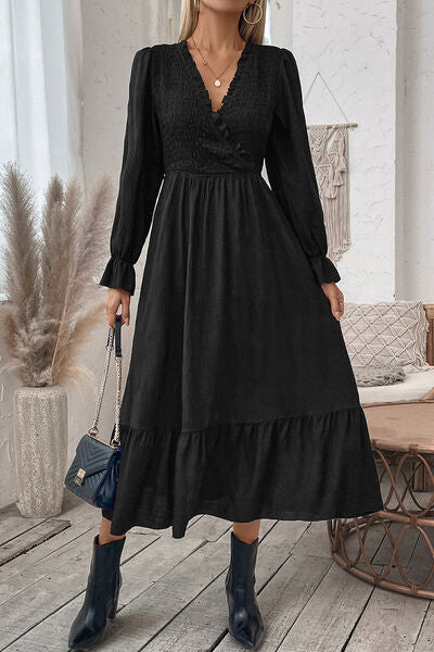 Smocked Surplice Flounce Sleeve Midi Dress |1mrk.com