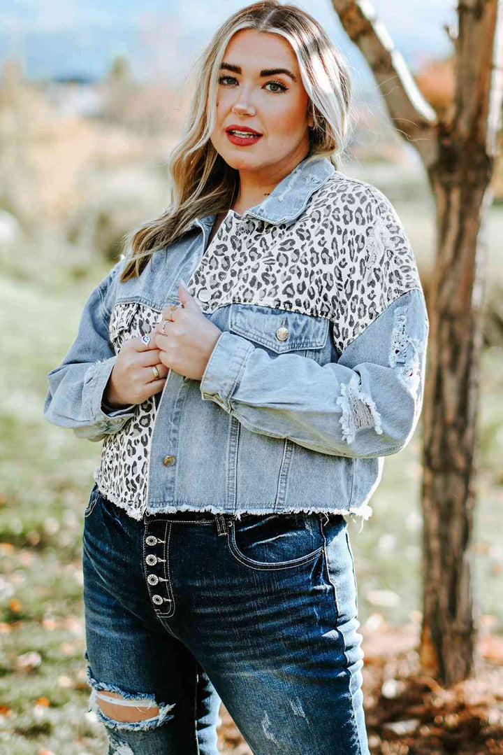 Plus Size Leopard Raw Hem Distressed Spliced Denim Jacket | 1mrk.com