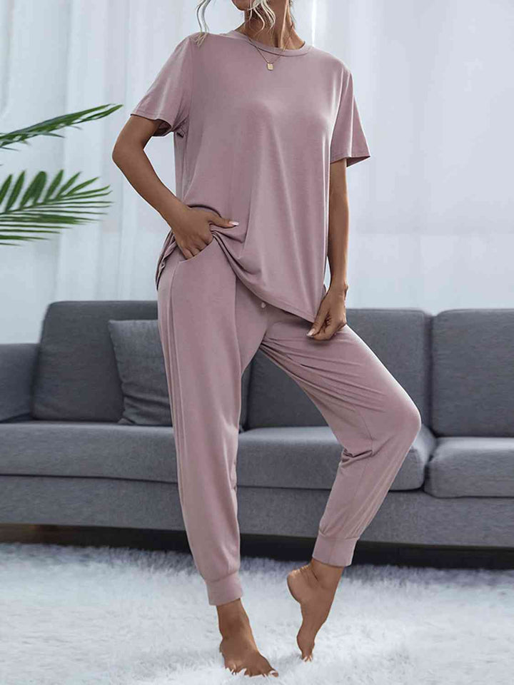 Round Neck Short Sleeve Top and Pants Set | 1mrk.com