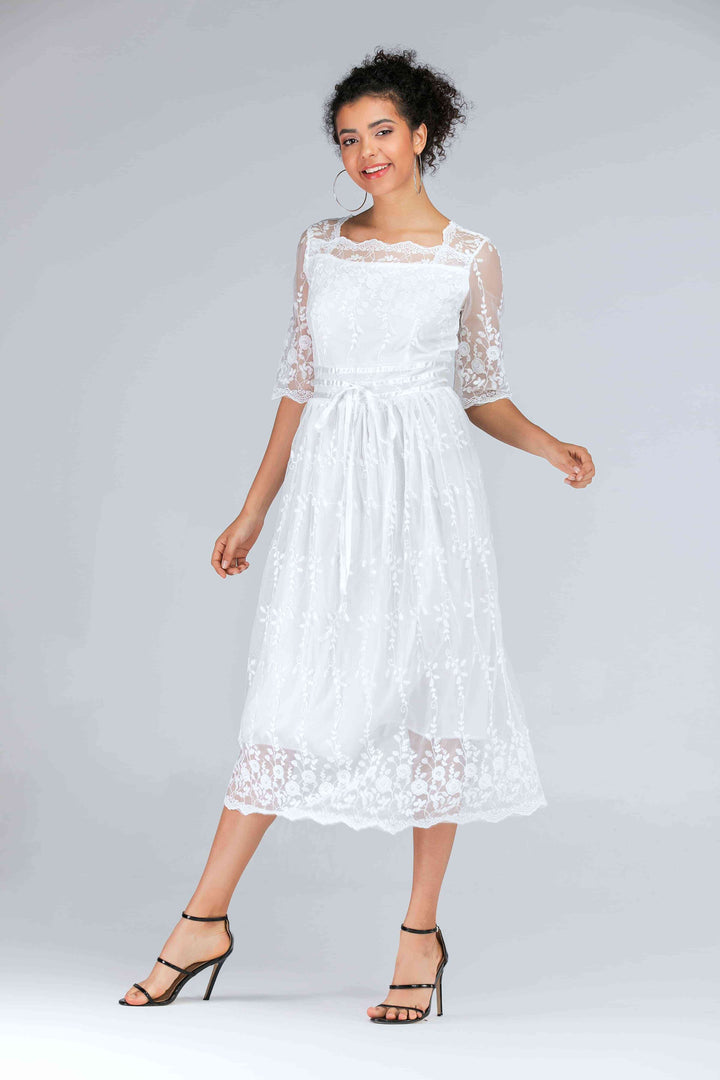 Scalloped Lace Half Sleeve Midi Dress |1mrk.com