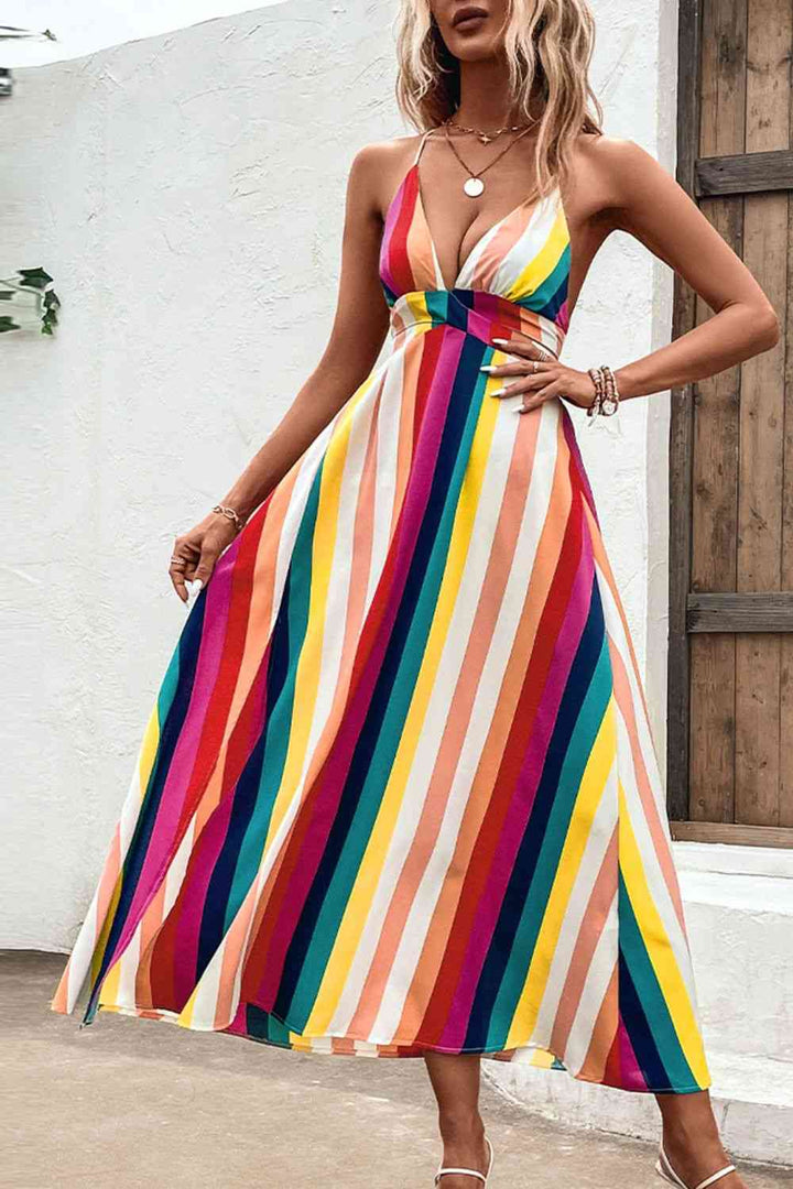 Multicolored Stripe Crisscross Backless Dress |1mrk.com