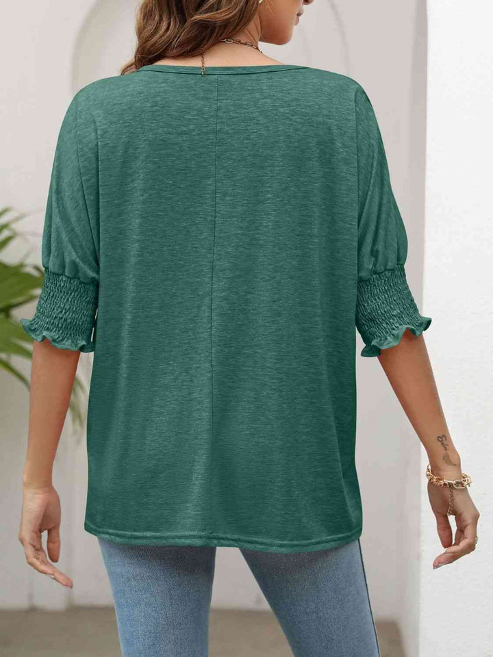Smocked Flounce Sleeve Round Neck T-Shirt | 1mrk.com