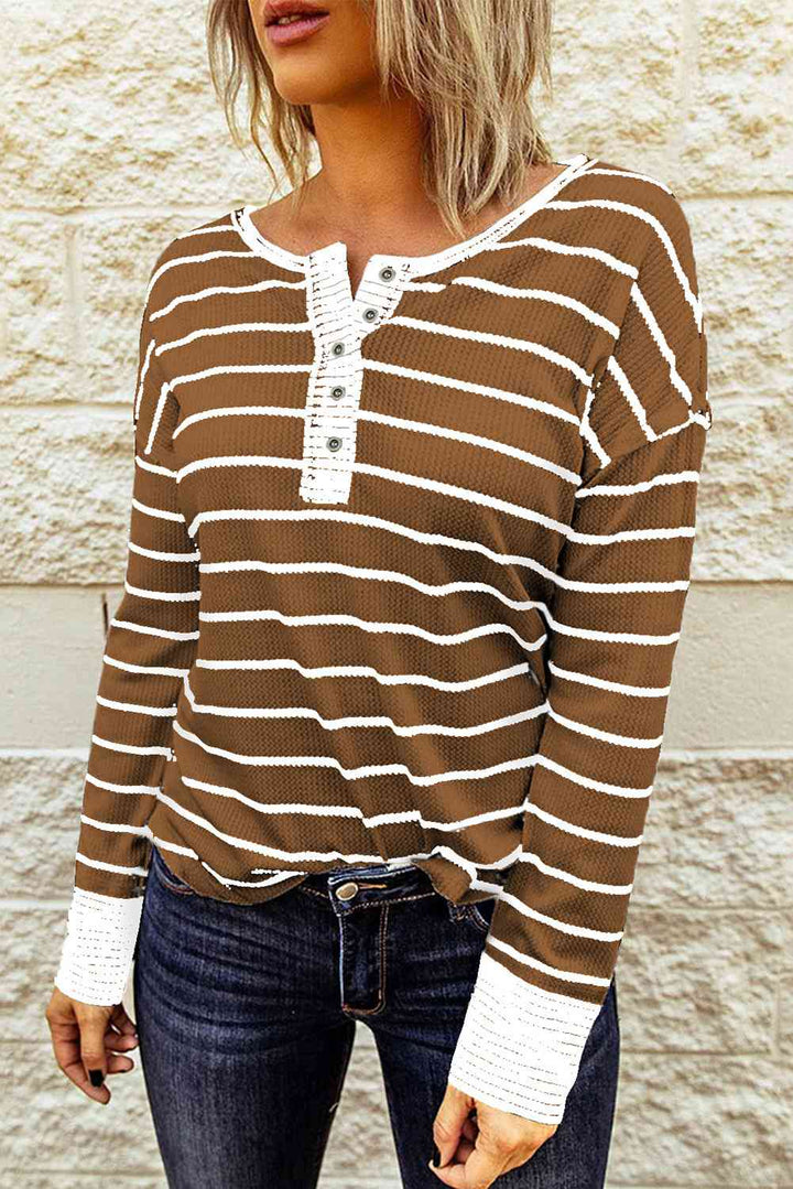 Striped Waffle Knit Henley Long Sleeve Top | 1mrk.com