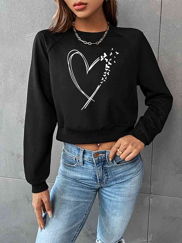 Round Neck Raglan Sleeve Heart Graphic Sweatshirt |1mrk.com