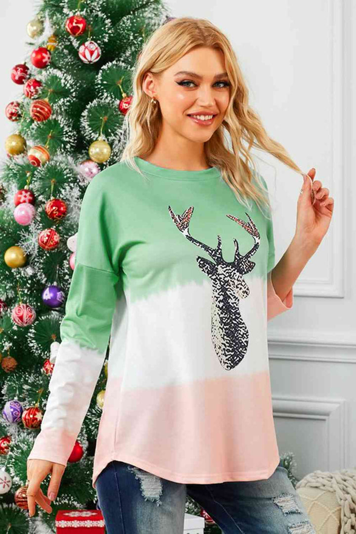 Reindeer Graphic Color Block Long Sleeve T-Shirt | 1mrk.com