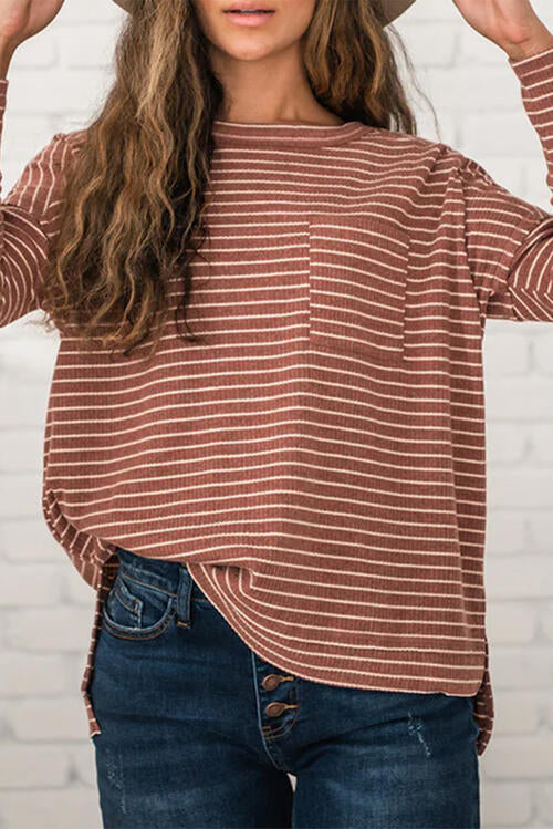 Striped Round Neck Long Sleeve Slit T-Shirt | 1mrk.com