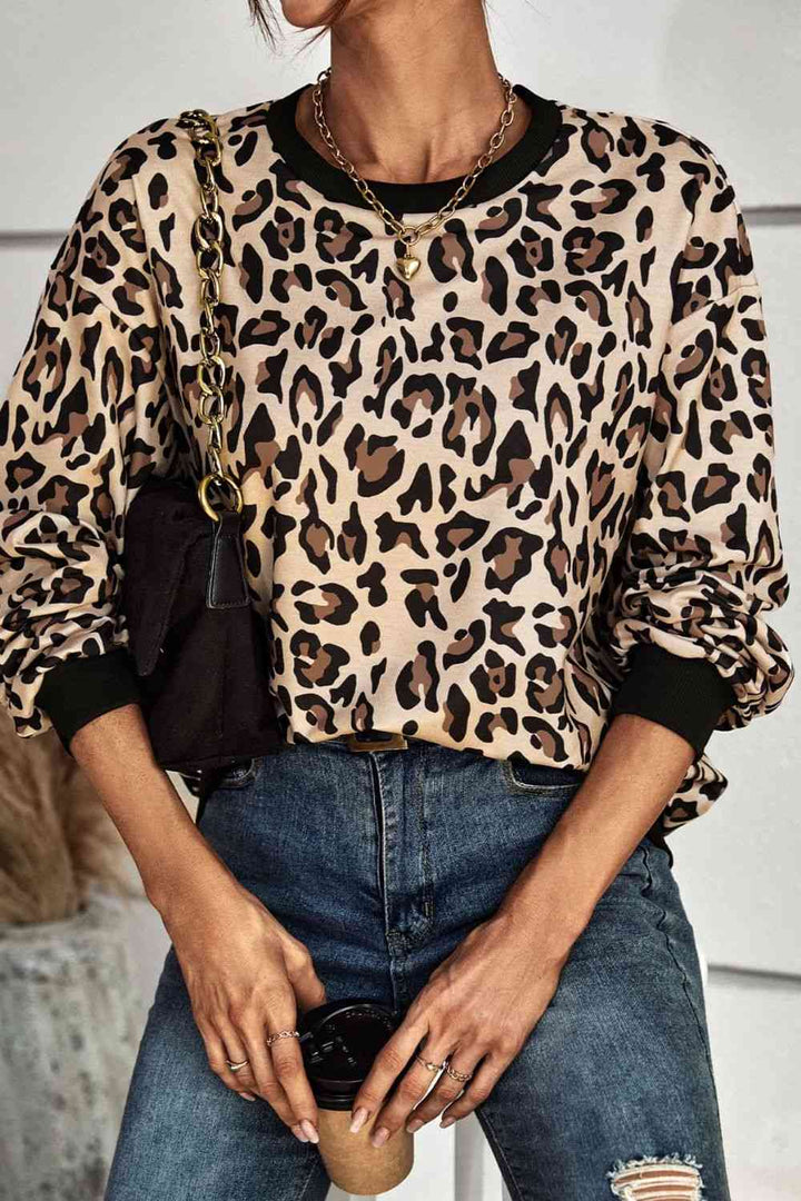 Leopard Round Neck Dropped Shoulder Sweatshirt |1mrk.com