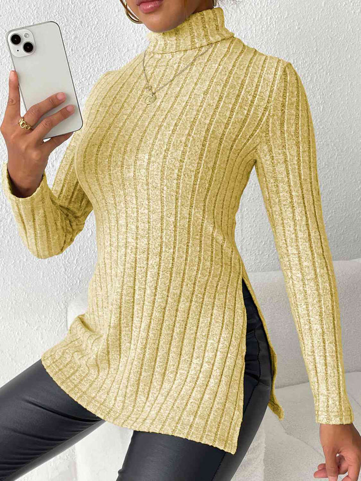 Ribbed Turtleneck Long Sleeve Slit T-Shirt | 1mrk.com