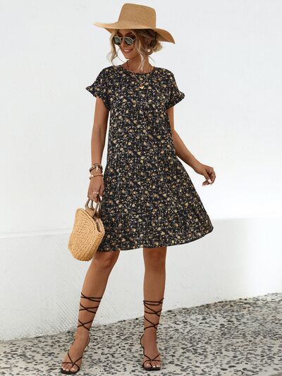 Frill Floral Round Neck Short Sleeve Tiered Dress |1mrk.com