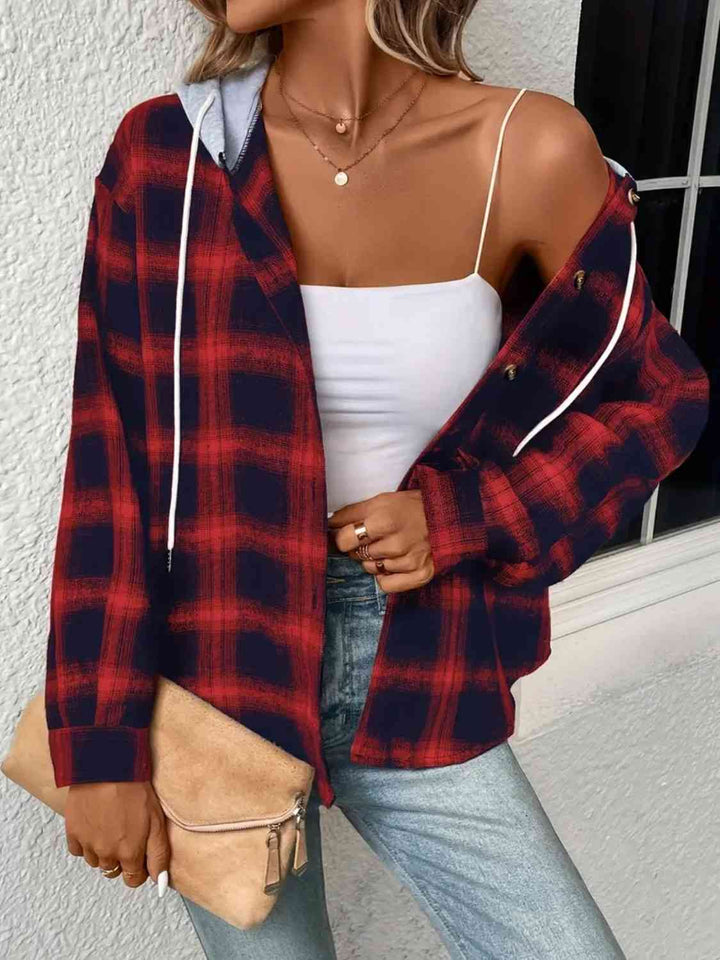 Plaid Drawstring Button Up Hooded Jacket |1mrk.com