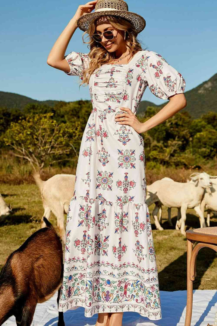 Floral Ruched Puff Sleeve Tiered Maxi Dress | 1mrk.com