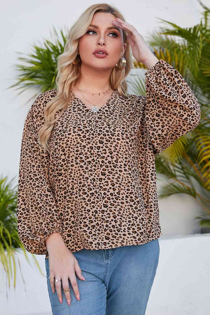 Plus Size Animal Print Balloon Sleeve V-Neck Blouse | 1mrk.com