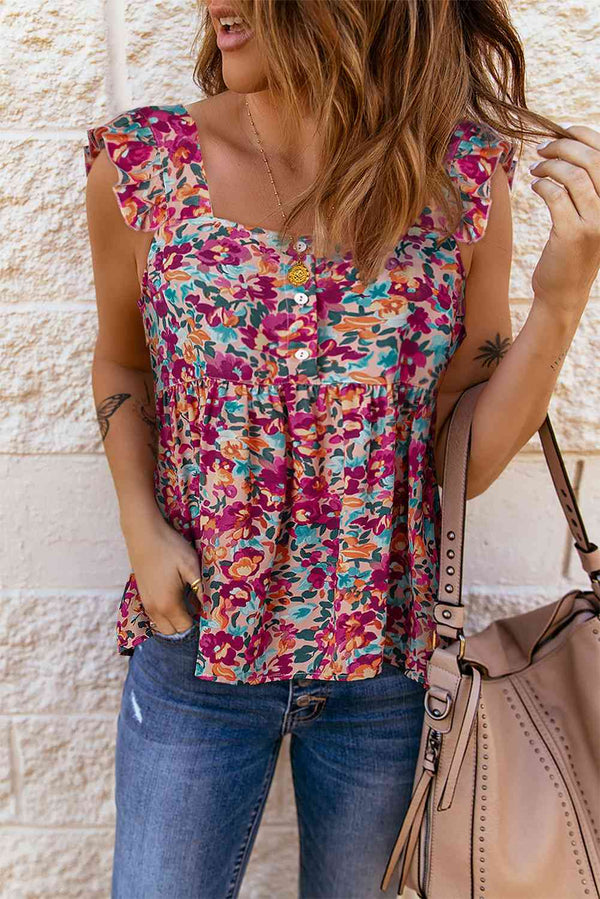 Floral Buttoned Square Neck Ruffled Tank | 1mrk.com