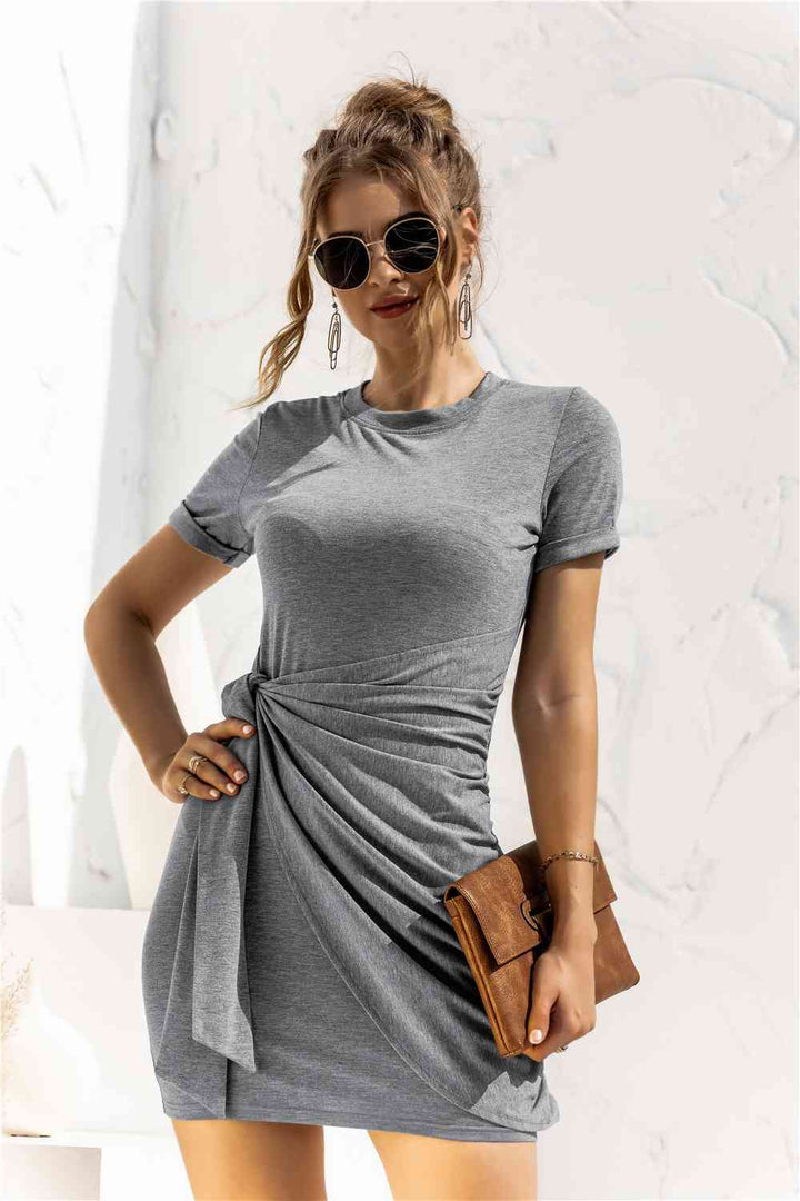 Round Neck Cuffed Sleeve Side Tie Dress |1mrk.com