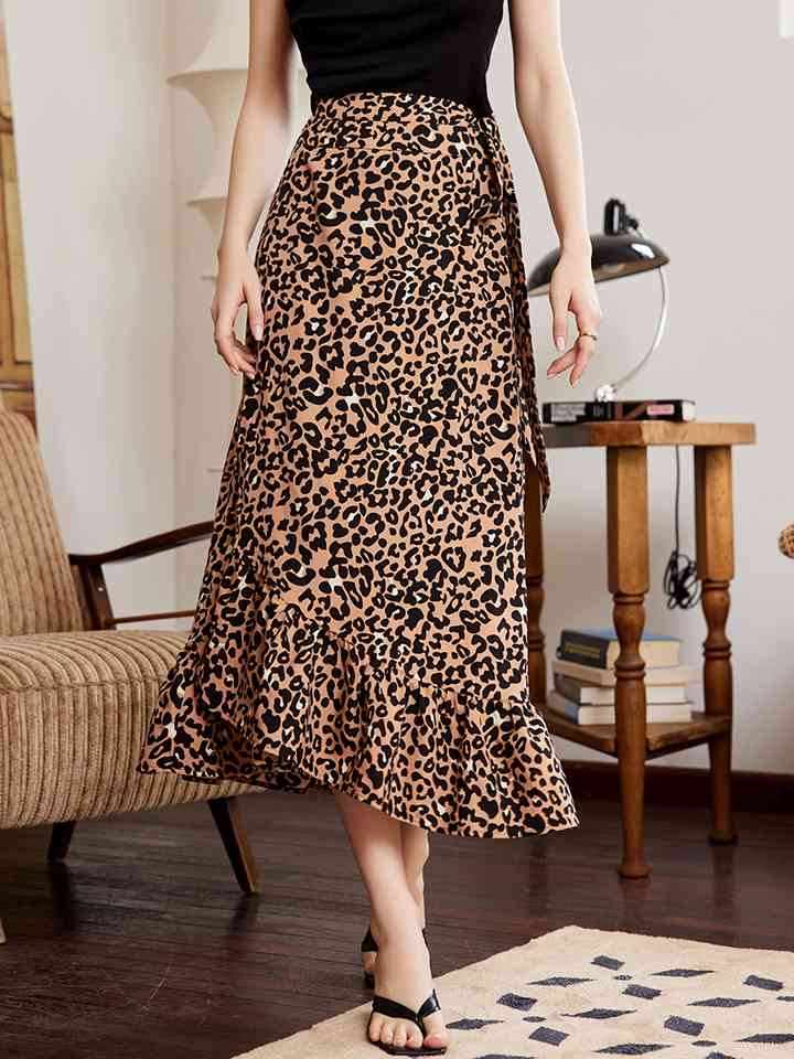 Leopard Ruffle Hem Midi Skirt |1mrk.com