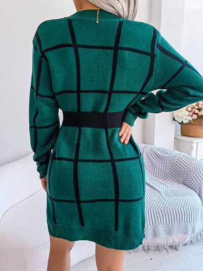 Plaid Round Neck Dropped Shoulder Sweater Dress |1mrk.com