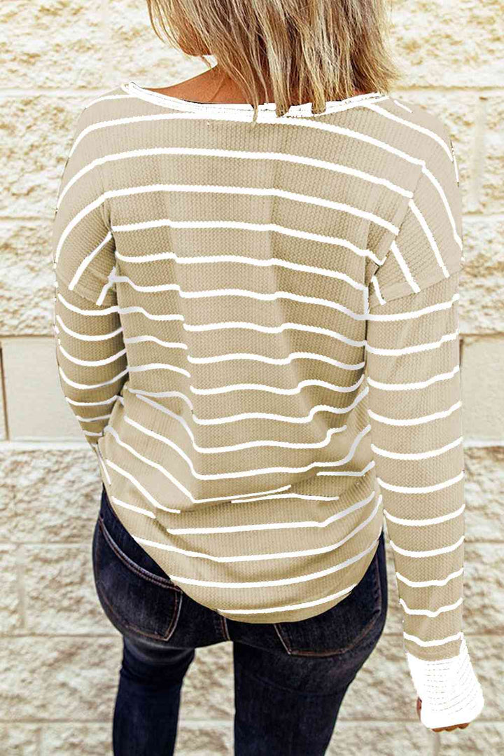 Striped Waffle Knit Henley Long Sleeve Top | 1mrk.com