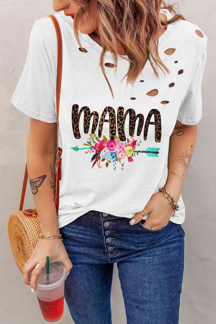 MAMA Graphic Distressed Round Neck Tee | 1mrk.com