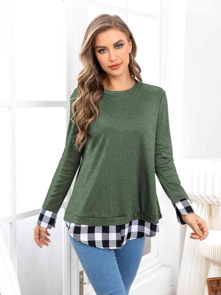 Plaid Round Neck Long Sleeve Tee | 1mrk.com