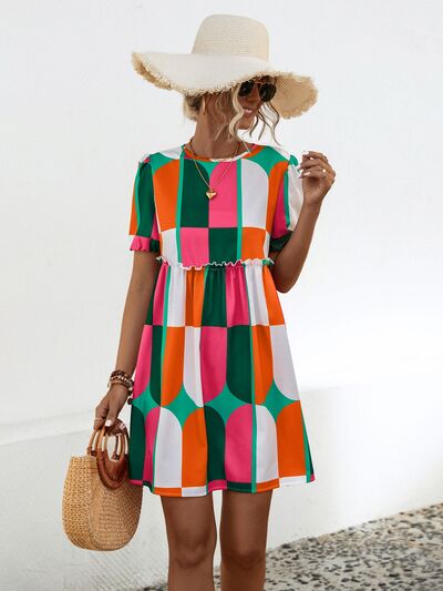 Geometric Frill Round Neck Short Sleeve Dress |1mrk.com