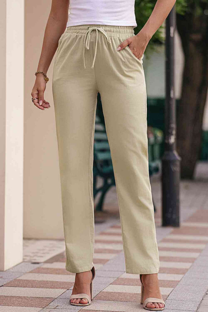 Drawstring Elastic Waist Pants with Pockets |1mrk.com