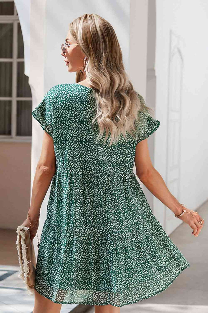 Printed V-Neck Short Sleeve Tiered Dress |1mrk.com