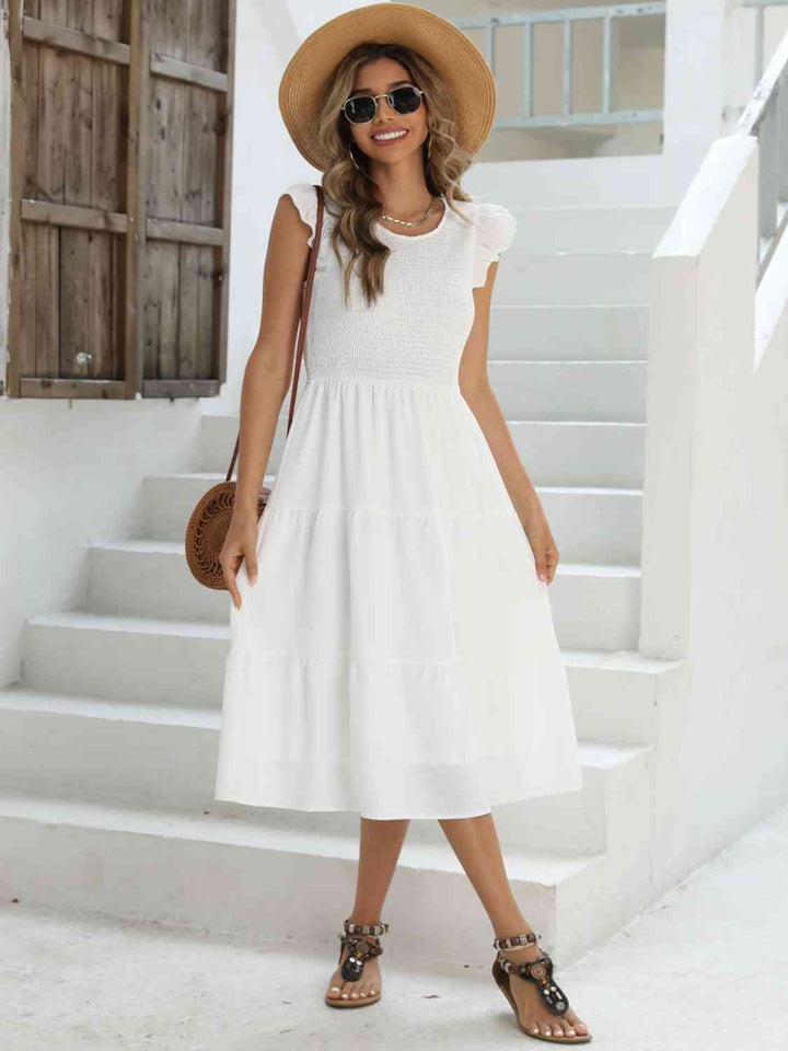 Smocked Round Neck Tiered Dress |1mrk.com