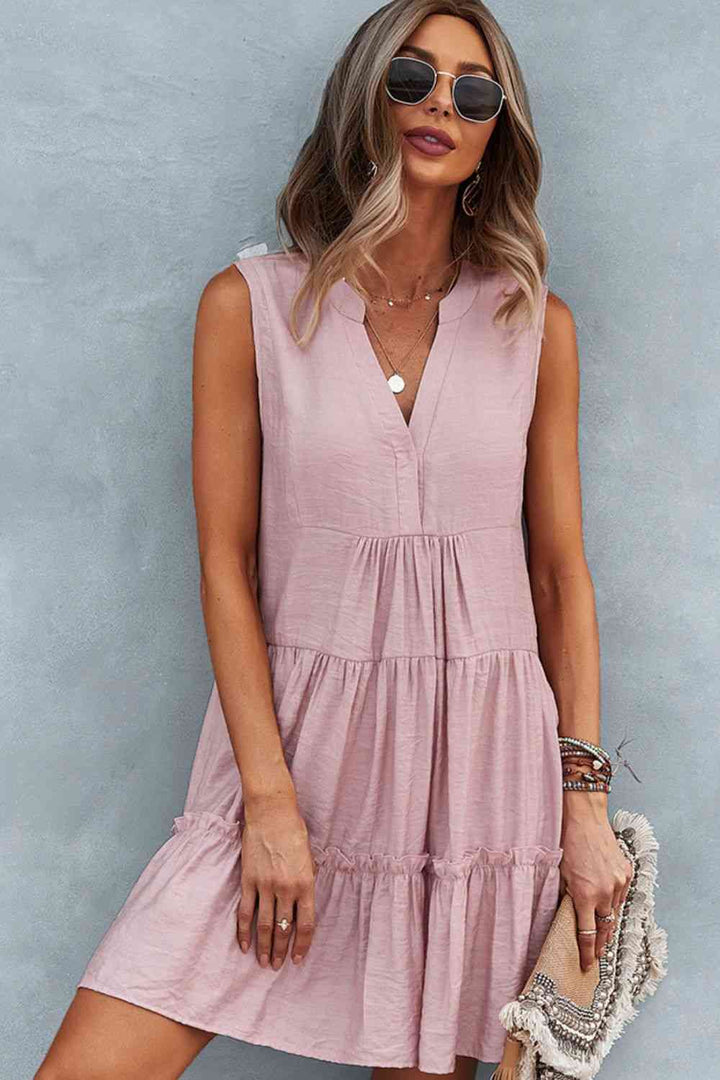 Frill Trim Notched Sleeveless Tiered Dress |1mrk.com