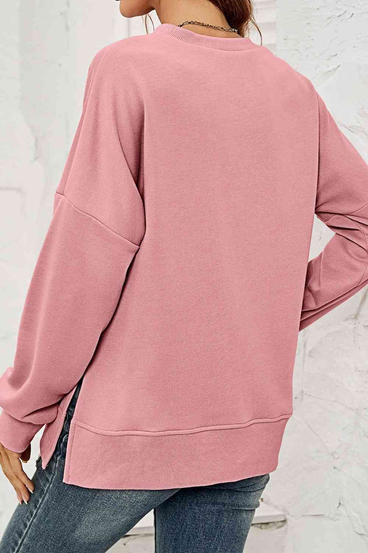 Round Neck  Dropped Shoulder Slit Sweatshirt |1mrk.com