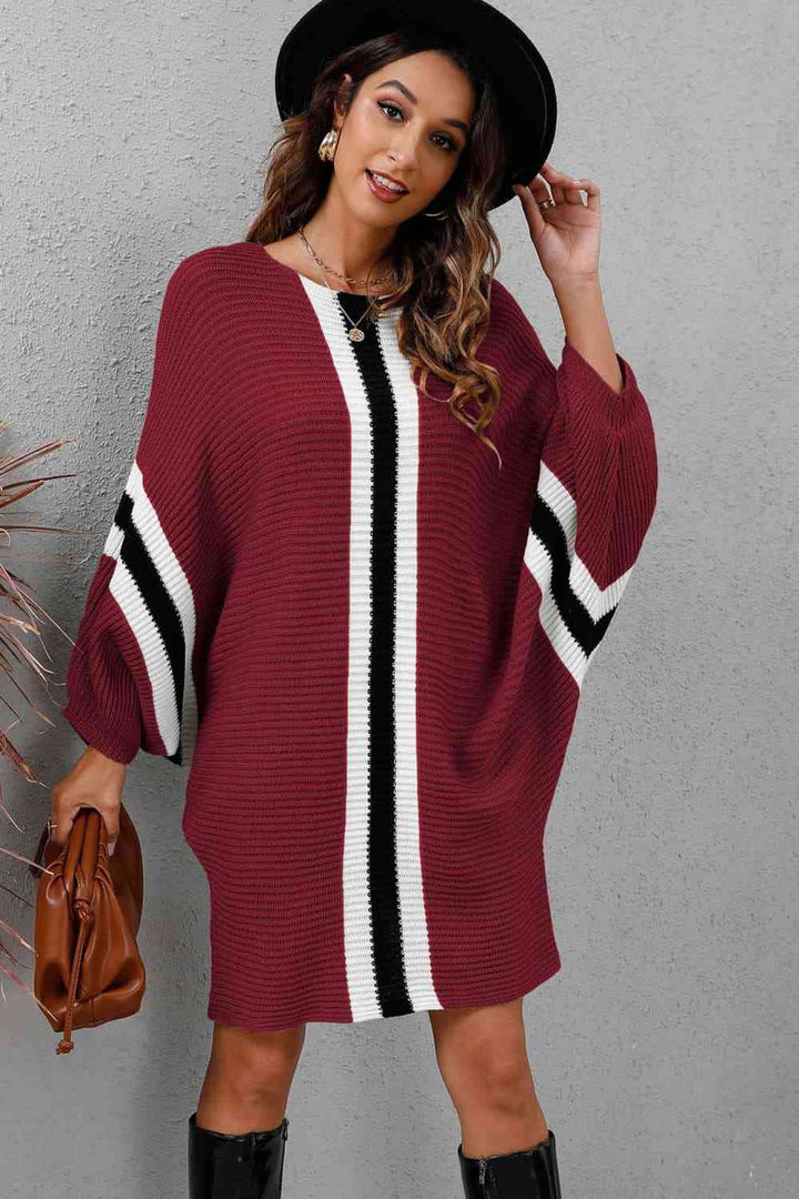 Ribbed Round Neck Long Sleeve Sweater Dress | 1mrk.com