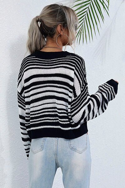 Striped Round Neck Dropped Shoulder Sweater | Trendsi