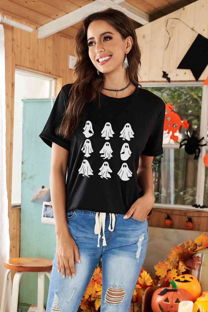 Round Neck Short Sleeve Ghost Graphic T-Shirt | 1mrk.com