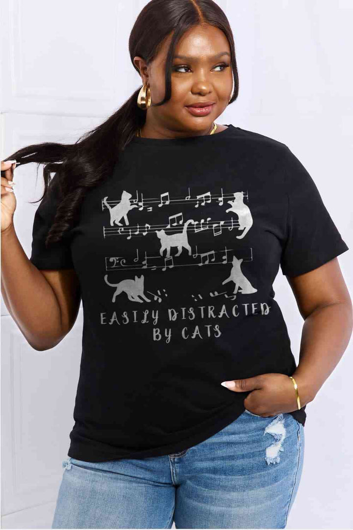 Simply Love Full Size EASILY DISTRACTED BY CATS Graphic Cotton Tee | 1mrk.com