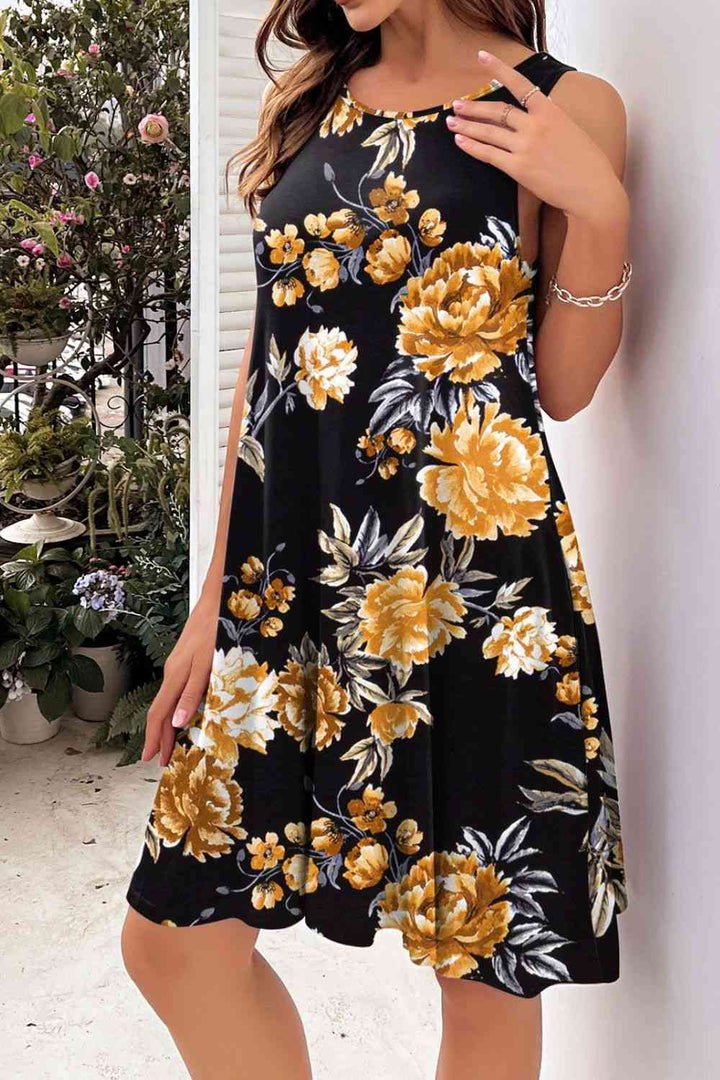 Printed Round Neck Sleeveless Dress |1mrk.com