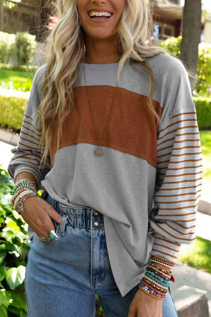 Striped Round Neck Long Sleeve T-Shirt | 1mrk.com