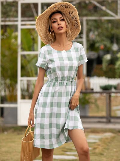 Smocked Plaid Round Neck Short Sleeve Dress | Trendsi