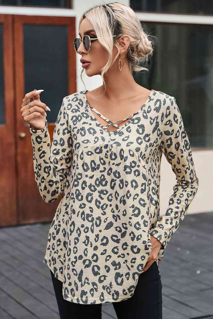 Leopard Crisscross V-Neck T-Shirt | 1mrk.com