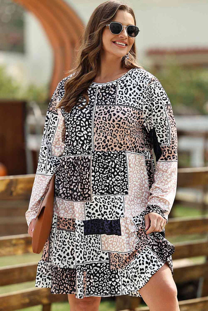 Plus Size Round Neck Leopard Print Long Sleeve Mini Dress |1mrk.com