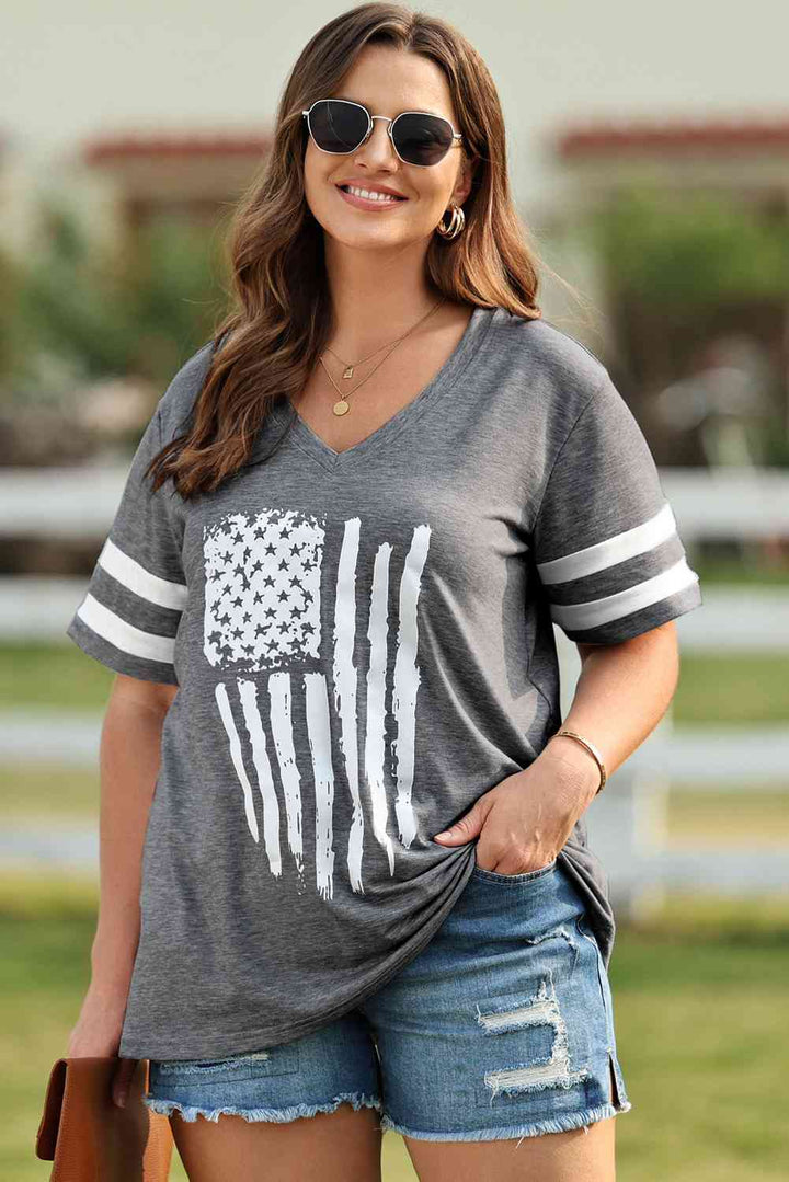 Plus Size US Flag Graphic V-Neck Tee | 1mrk.com