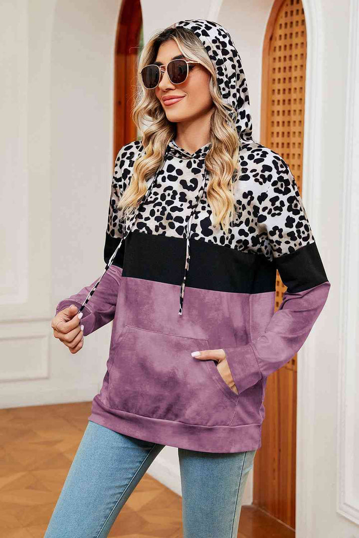 Leopard Drawstring Hoodie with Pocket |1mrk.com