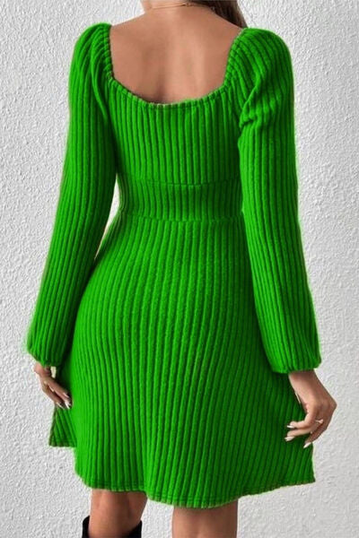 Ribbed Tied Square Neck Long Sleeve Mini Dress |1mrk.com