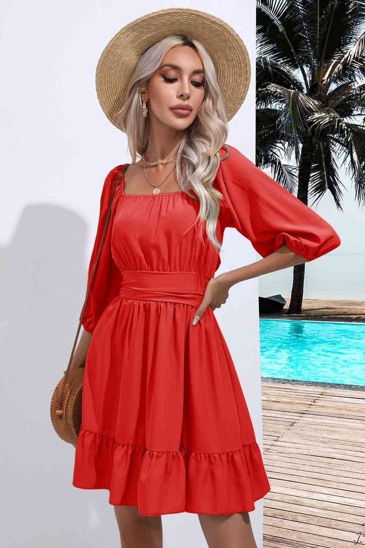 Square Neck Tie Back Ruffle Hem Dress |1mrk.com