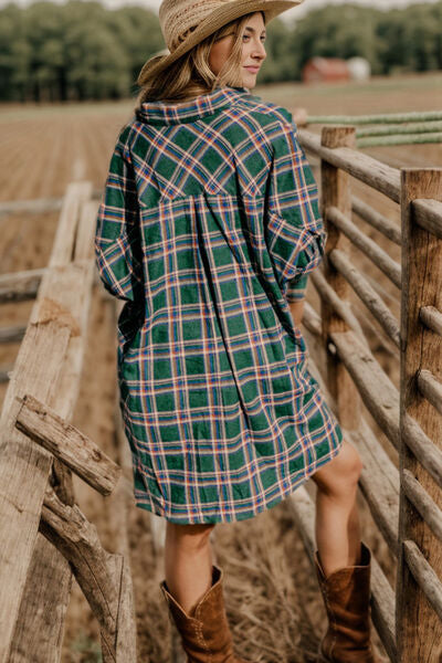 Plaid Button Up Collared Neck Shirt Dress |1mrk.com