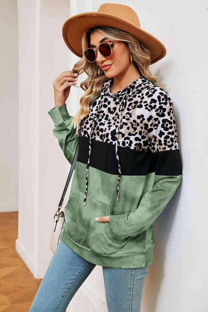 Leopard Drawstring Hoodie with Pocket |1mrk.com