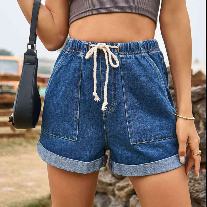 Drawstring High Waist Denim Shorts with Pockets |1mrk.com