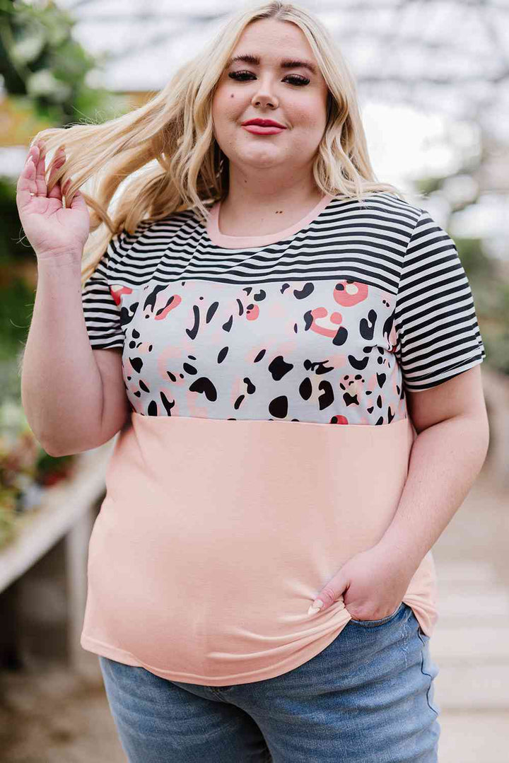 Plus Size Mixed Print Color Block T-Shirt | 1mrk.com