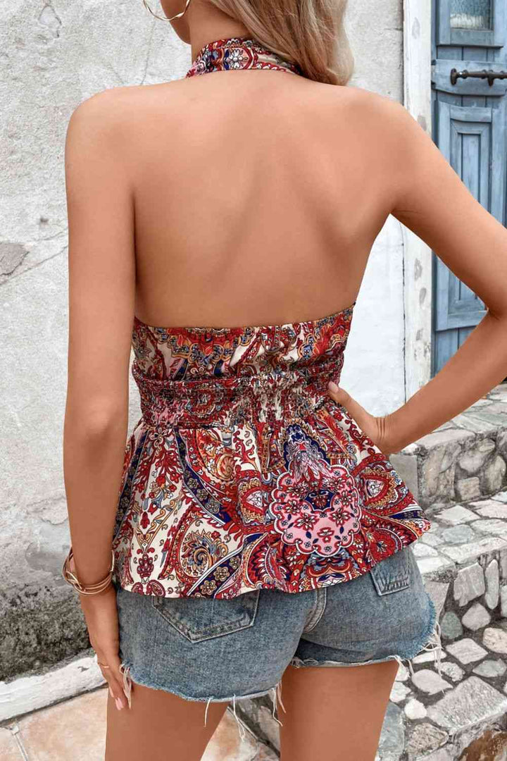 Printed Halter Neck Smocked Peplum Top | 1mrk.com