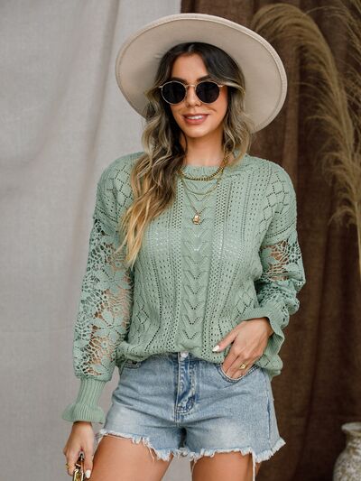 Eyelet Crochet Lantern Sleeve Sweater |1mrk.com