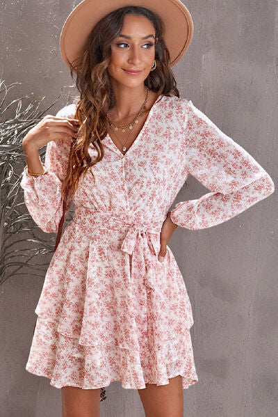 Floral Surplice Balloon Sleeve Layered Dress | Trendsi