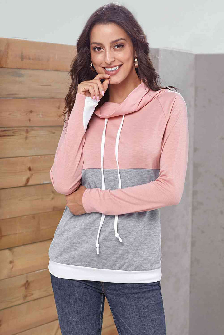 Color Block Raglan Sleeve Drawstring Sweatshirt |1mrk.com